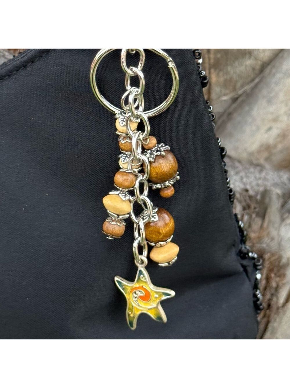 (23) Star Swirl Handmade Bag Charm Keychain One of a Kind Wood Beaded Accessory